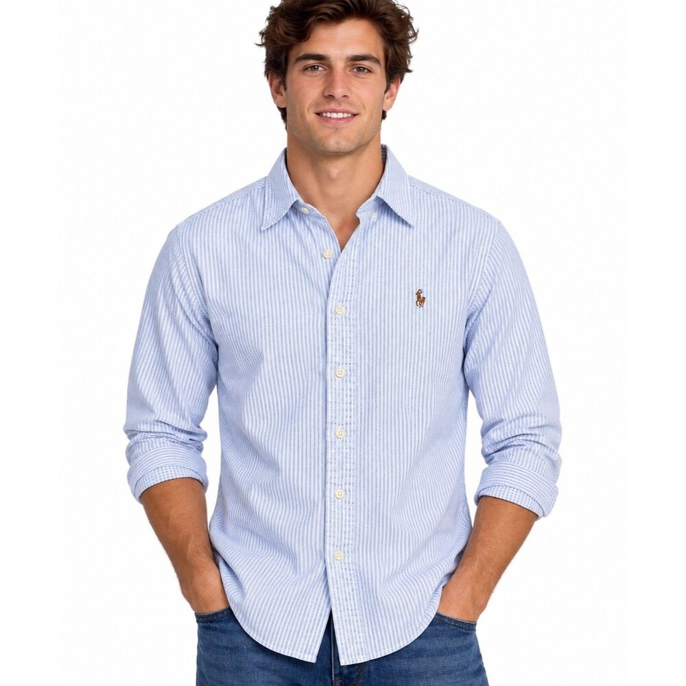 Polo Ralph Lauren Mens L Oxford Shirt Blue White Stripe Pony Logo Button Down